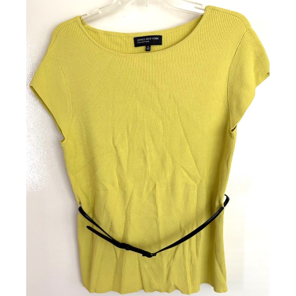 JONES NEW YORK  Ribbed Belted Top Sz: XL Mustard/Green Rayon Nylon Boat‎ Neck